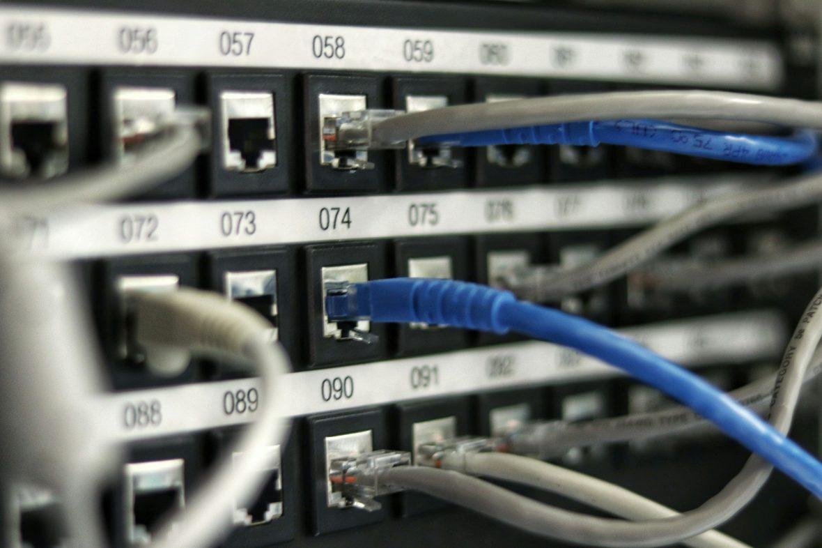 A network patch panel with numbered ports